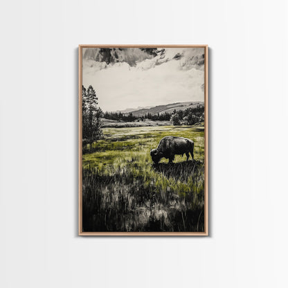 Grazing Bison, Wildlife Art, Rustic Home Decor, Nature Inspired, Western Landscape, Monochrome Art, Cabin Wall Art, Framed Canvas Print