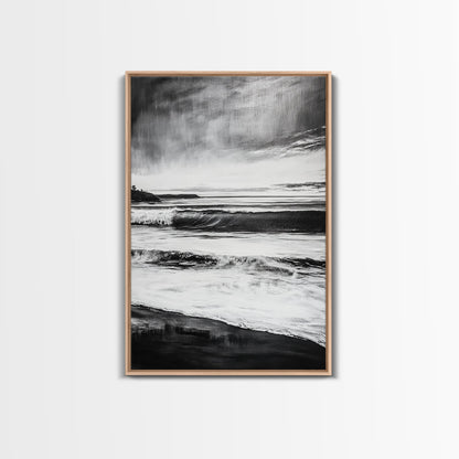 Black and White Waves, Ocean Painting, Dramatic Coastline, Minimalist Art, Framed Canvas Print, Modern Seascape, Contemporary Wall Art