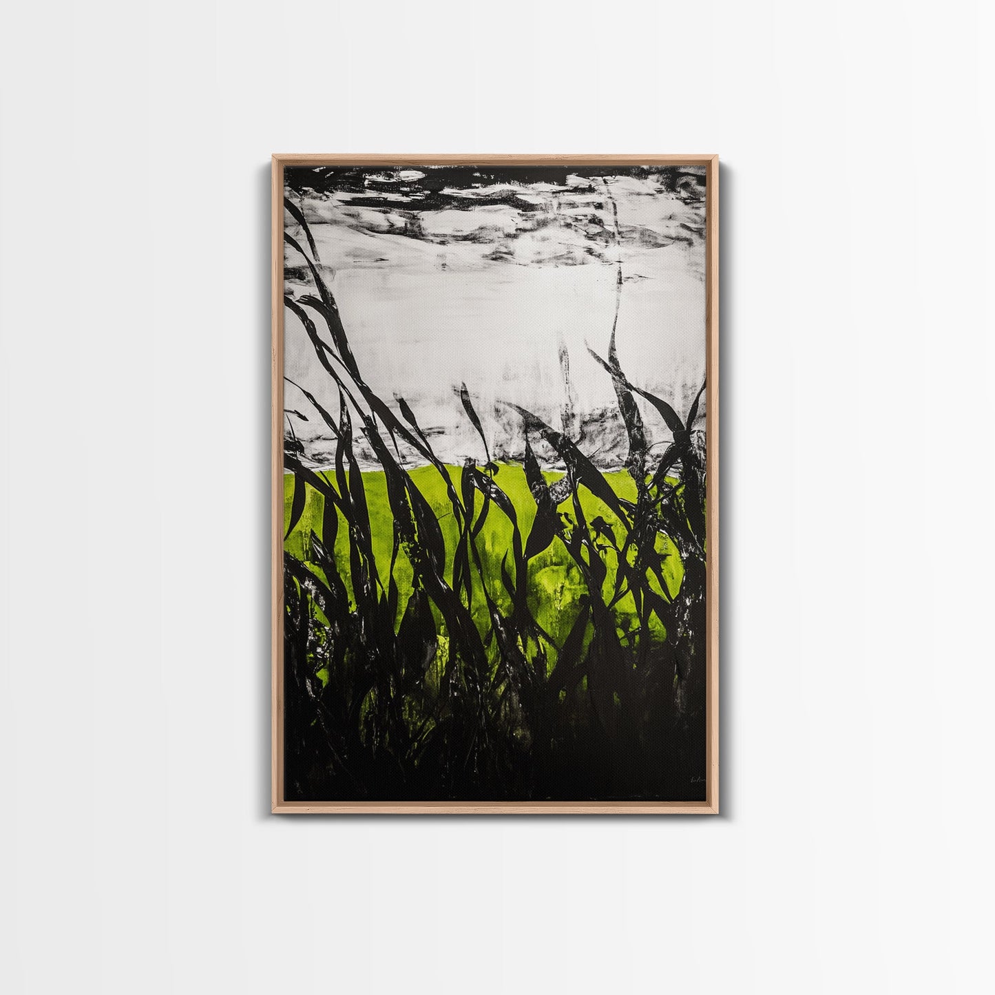 Minimalist Grass Field, Black White Green Nature Art, Abstract Farmhouse Wall Decor, Modern Simple Landscape, Framed Canvas Print