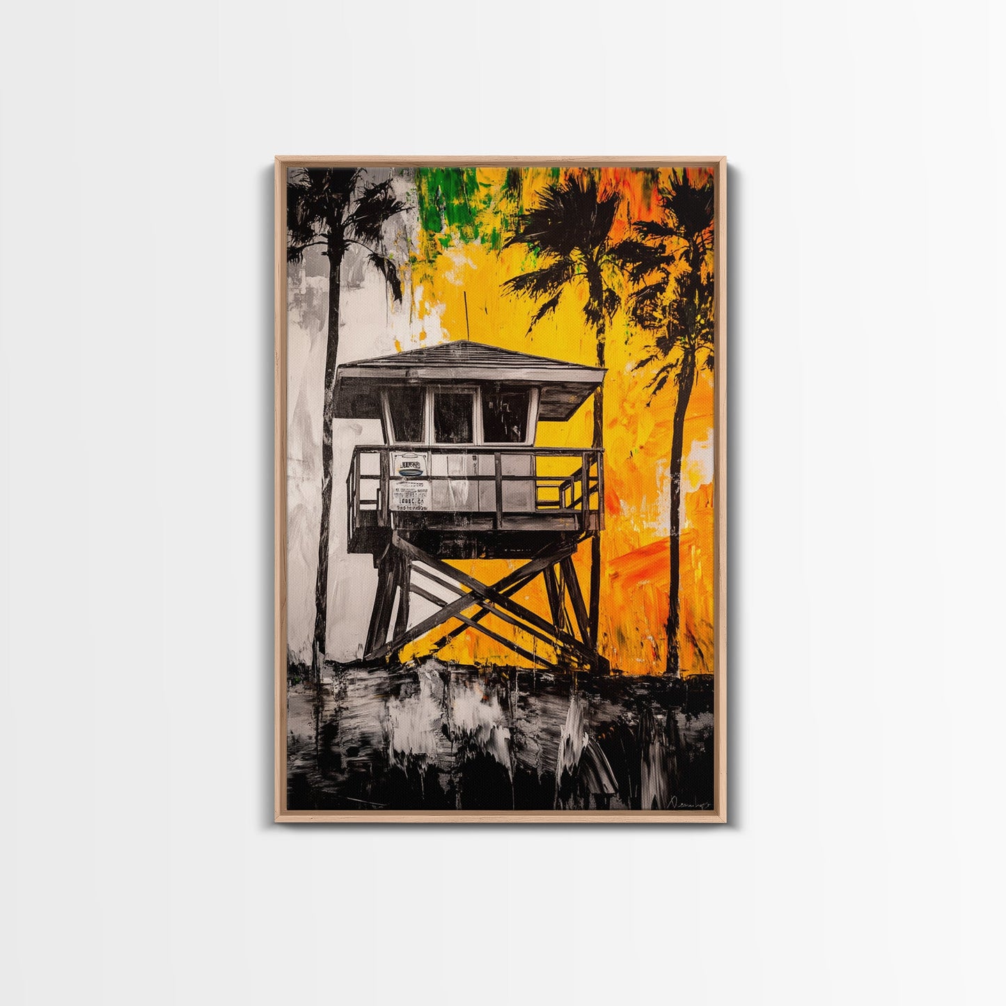 Lifeguard Tower, Beach House Art, Tropical Wall Art, Coastal Sunset, Vibrant Palm Trees, California Decor, Canvas Print, Living Room