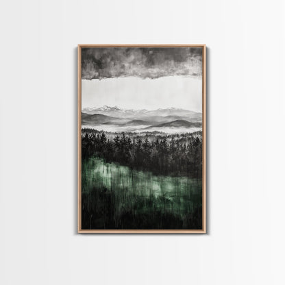 Misty Mountains, Moody Wall Art, Rustic Home Decor, Cabin Wall Art, Neutral Aesthetic, Black and White, Framed Canvas Print
