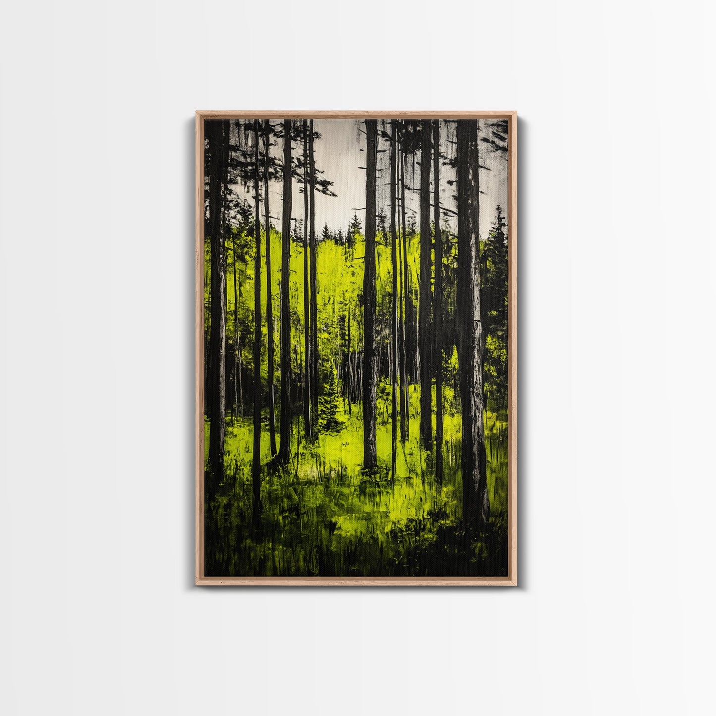 Forest Sunlight, serene nature painting, lush green forest, peaceful landscape wall art, calming home decor, framed canvas print, cabin art