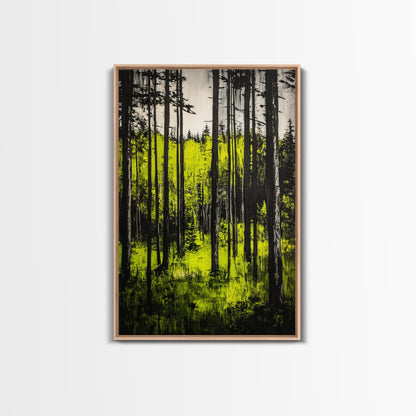 Forest Sunlight, serene nature painting, lush green forest, peaceful landscape wall art, calming home decor, framed canvas print, cabin art