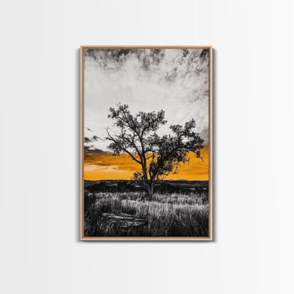 Lone Tree Sunset, dramatic landscape print, fall sunset art, rustic countryside decor, warm autumn painting, framed canvas print, hallway