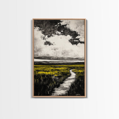 Field Pathway, dreamy landscape painting, country road art, scenic nature wall decor, calming yellow tones, framed canvas print, entryway