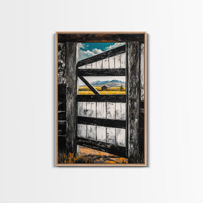 Barn Door View, Mountain Escape, Rustic Scene, Framed Canvas Print, Western Wall Art, Cabin Decor, Farmhouse Style, Country Living