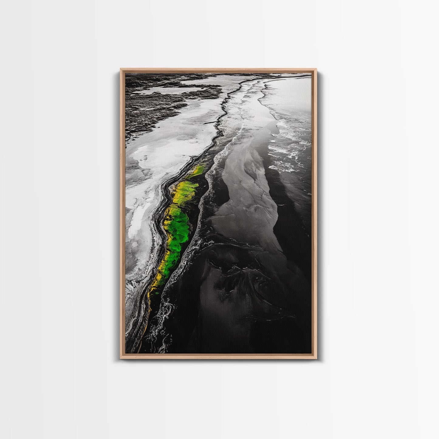 Abstract River, Nature Landscape, Modern Wall Art, Monochrome Print, Green Accents, Contemporary Art, Framed Canvas Print, Office Wall Decor