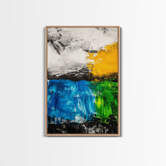 Abstract Landscape, Blue and Yellow Modern Painting, Minimalist Nature Art, Framed Canvas Print, Living Room or Office Wall Decor