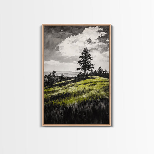 Rolling Hills, Black and White Landscape, Green Meadow Nature Painting, Framed Canvas Print, Cottagecore or Bedroom Wall Art