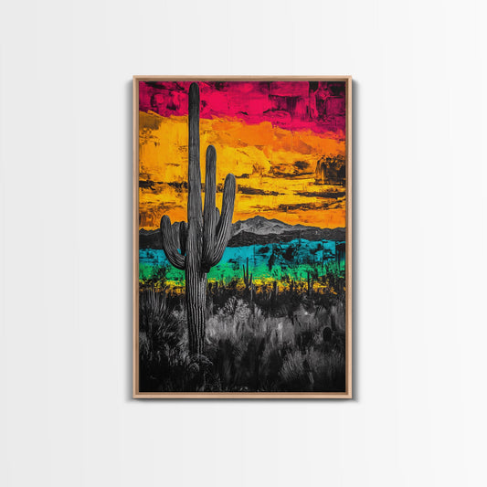 Desert Cactus, Vibrant Sunset Southwest Painting, Bold Desert Art, Framed Canvas Print, Western Home or Office Wall Decor