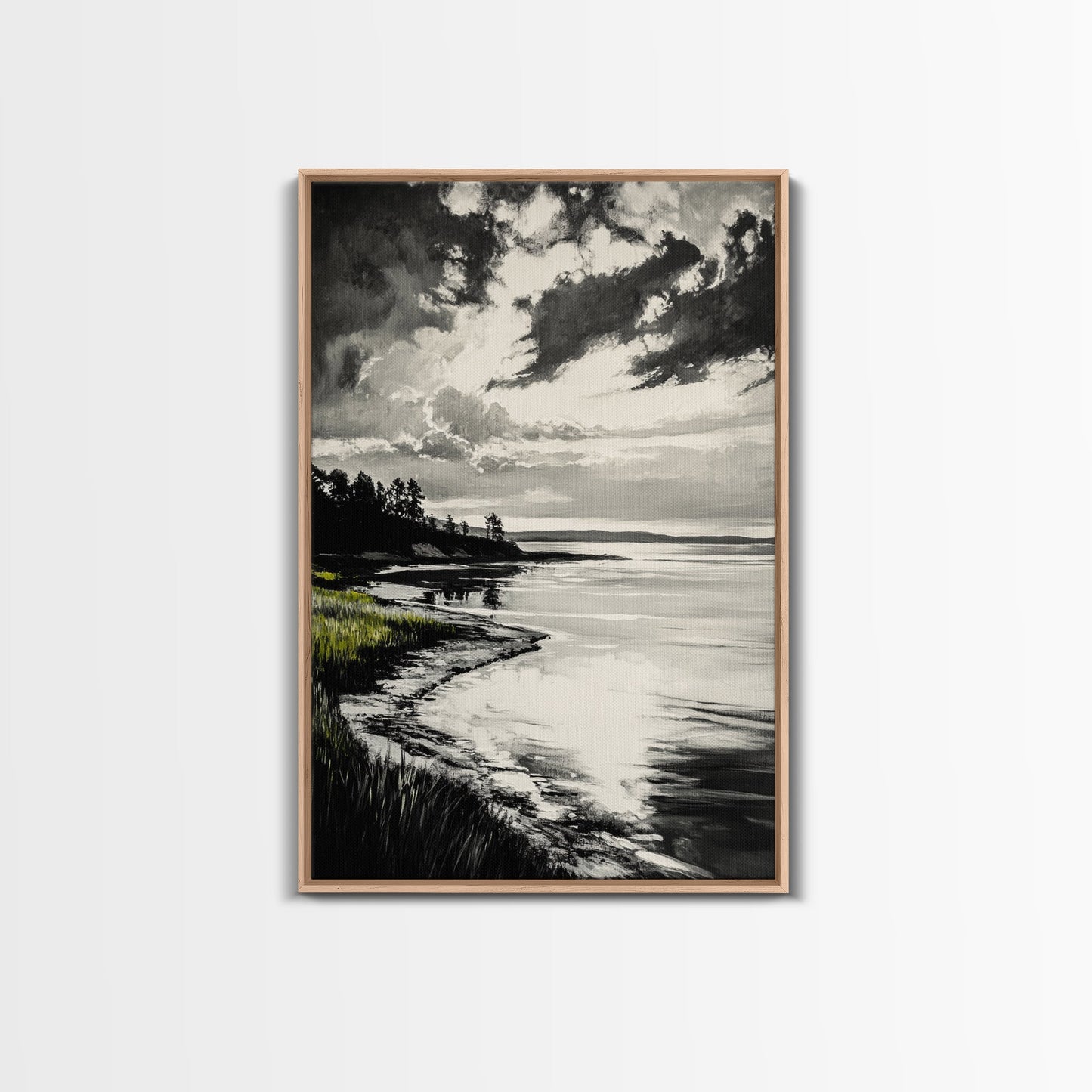 Moody Landscape, Black and White Art, Dramatic Sky, Coastal Scene, Nature Painting, Modern Home Decor, Minimalist Style, Framed Canvas Print