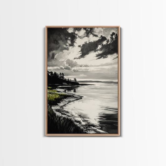 Moody Landscape, Black and White Art, Dramatic Sky, Coastal Scene, Nature Painting, Modern Home Decor, Minimalist Style, Framed Canvas Print