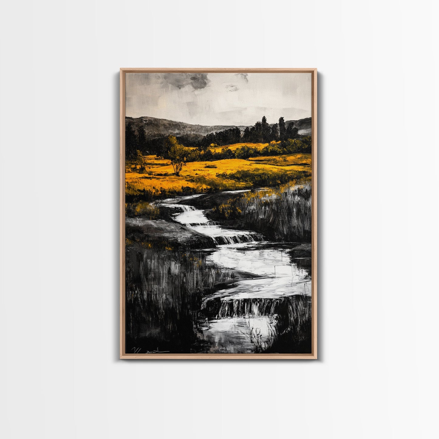 Golden Meadow, Nature Landscape, Rustic Wall Art, Framed Canvas Print, Country Farmhouse Decor, Waterfall Painting, Fall Vibes