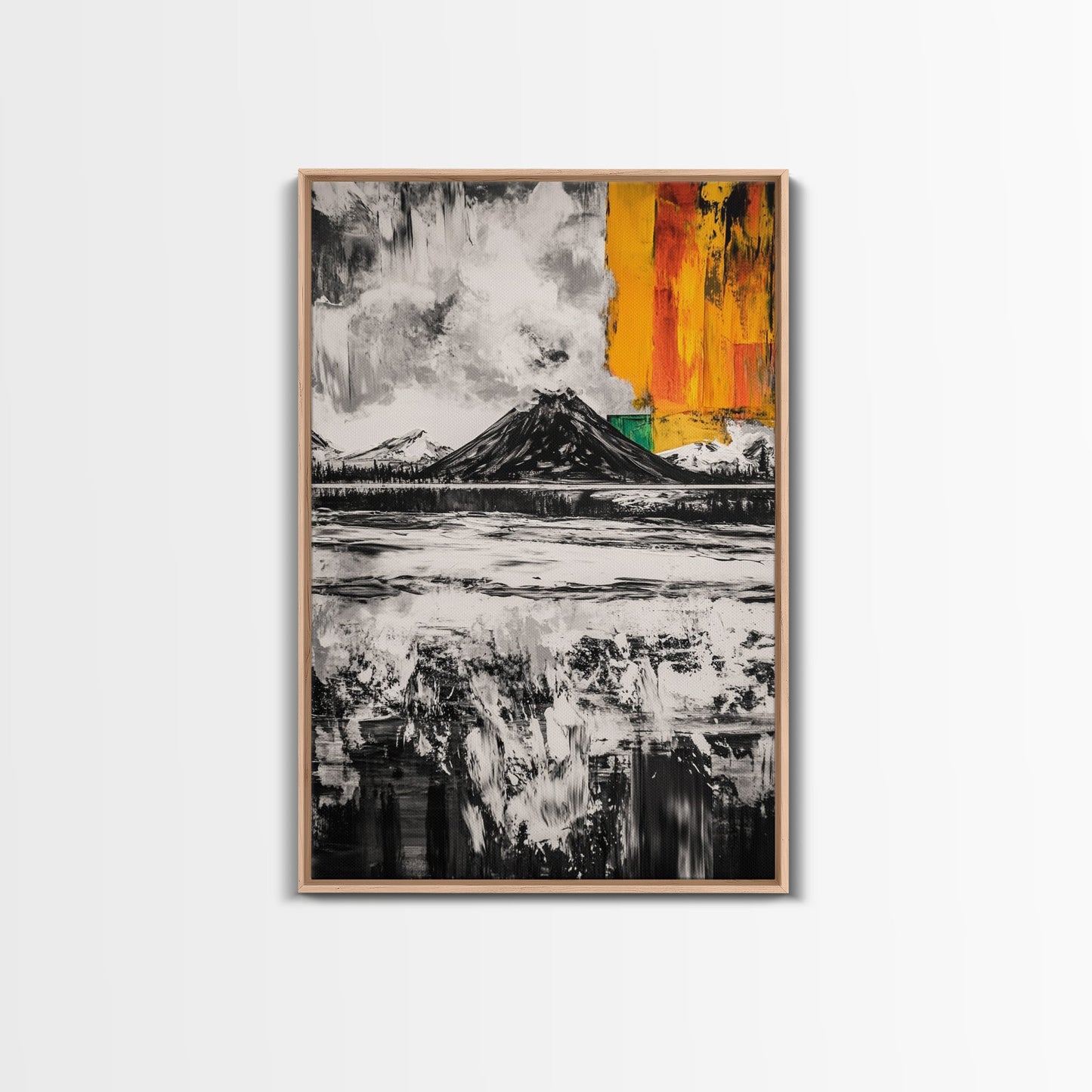 Volcano Landscape, Abstract Nature Art, Bold Modern Painting, Framed Canvas Print, Monochrome Mountains, Adventure Wall Decor