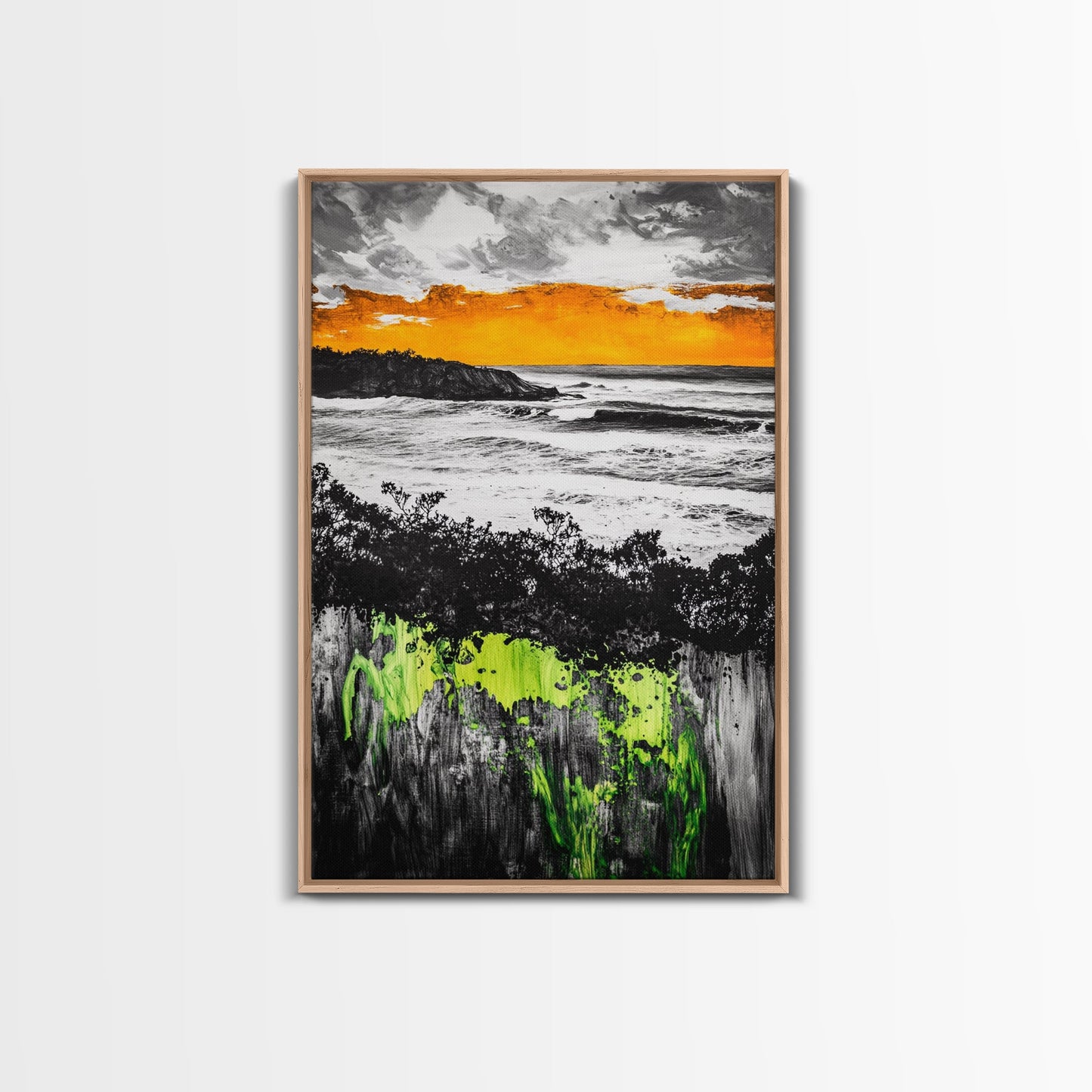 Sunset Ocean, Coastal Wall Art, Black White Seascape, Framed Canvas Print, Beach House Decor, Dramatic Sky, Nautical Artwork