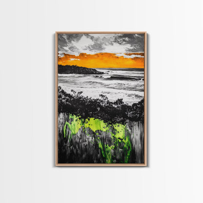 Sunset Ocean, Coastal Wall Art, Black White Seascape, Framed Canvas Print, Beach House Decor, Dramatic Sky, Nautical Artwork