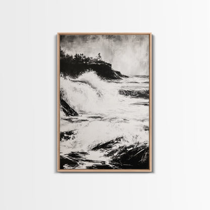Ocean Waves, Seascape Painting, Framed Canvas Print, Beach House Decor, Nautical Wall Art, Black and White Art, Coastal Living Room
