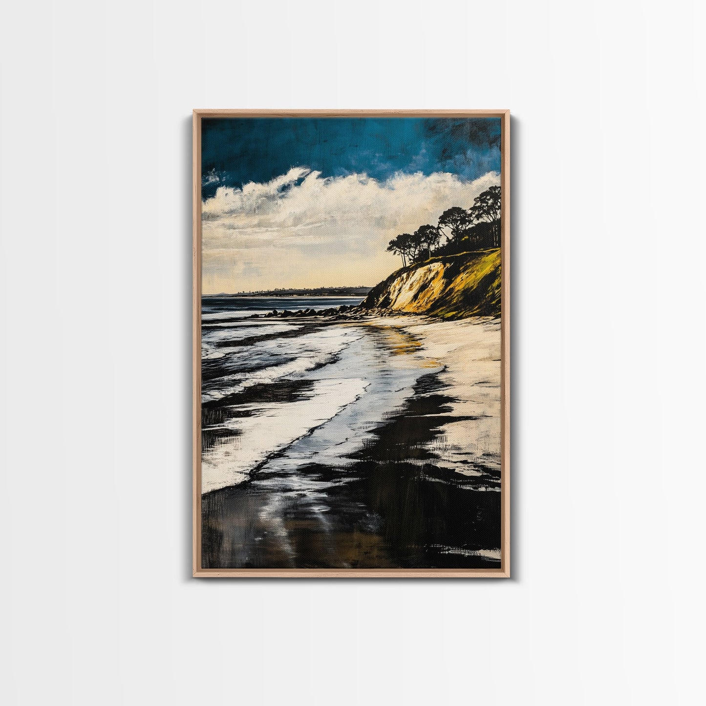 Sunset Beach, Cliffside View, Ocean Landscape, Nature Wall Art, Framed Canvas Print, Coastal Home Decor, Golden Hour, Serene Scene