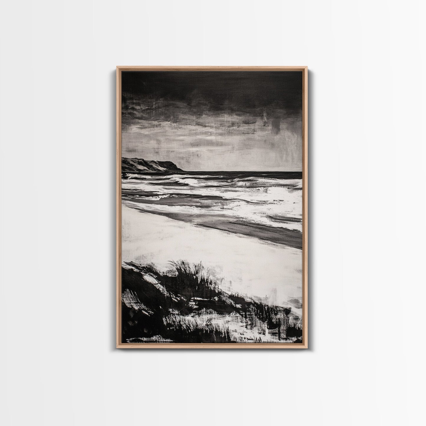 Black and White Beach, Stormy Ocean, Dramatic Seascape, Moody Wall Art, Framed Canvas Print, Minimalist Decor, Coastal Storm