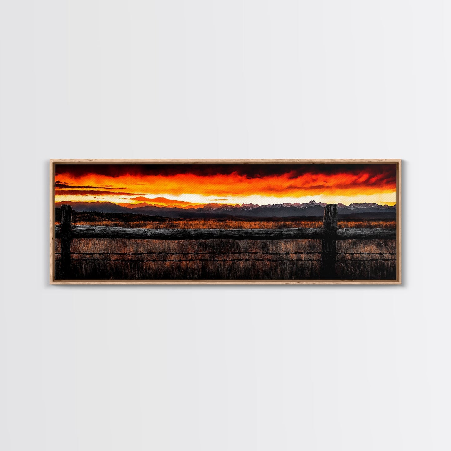 Western Sunset, Mountain Landscape Print, Rustic Cowboy Art, Dramatic Sky Painting, Country Wall Decor, Framed Canvas Print, Large Wall Art