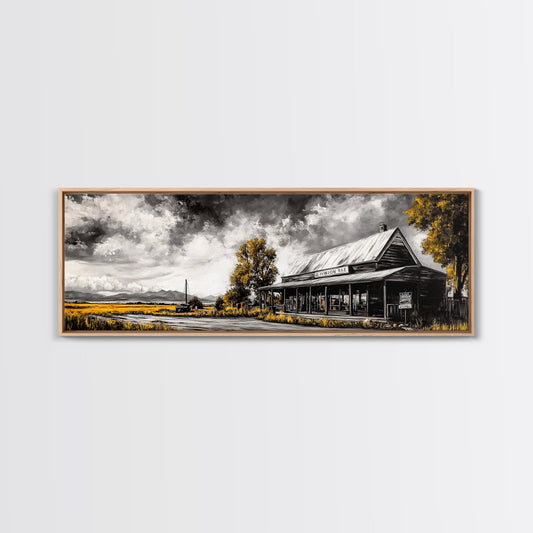 Vintage General Store, Western Rustic Art, Farmhouse Wall Decor, Black and White Art, Framed Canvas Print, Large Wall Art, Autumn Home Decor