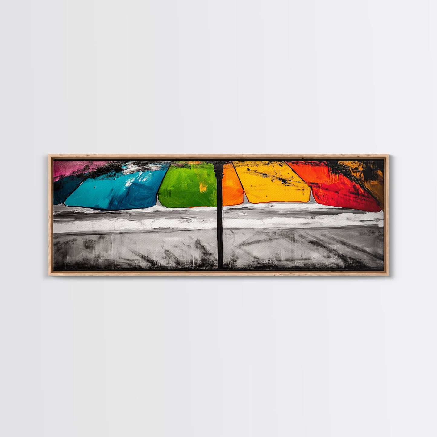 Colorful Umbrella Art, Abstract Beach Painting, Coastal Modern Decor, Vibrant Seaside Print, Bold Canvas Print, Framed Canvas Print