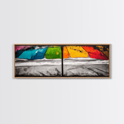 Colorful Umbrella Art, Abstract Beach Painting, Coastal Modern Decor, Vibrant Seaside Print, Bold Canvas Print, Framed Canvas Print