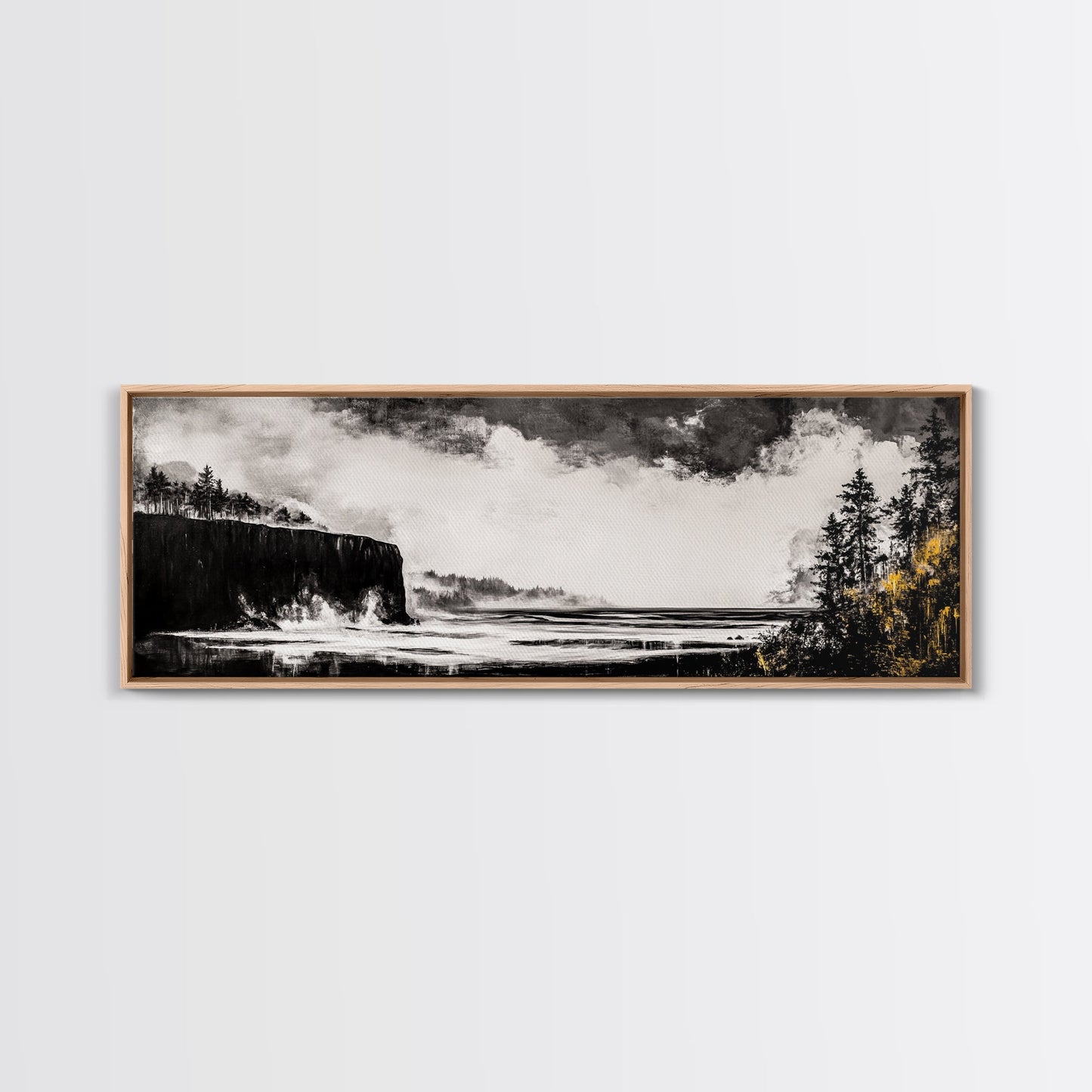 Steilküste, dramatisches Meerespanorama, stimmungsvolle Küste, monochrom, gerahmter Leinwanddruck, Küsten-Wandkunst, nautische Dekoration, großes Wandbild