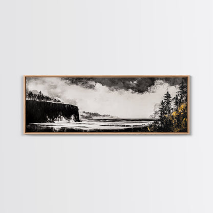 Steilküste, dramatisches Meerespanorama, stimmungsvolle Küste, monochrom, gerahmter Leinwanddruck, Küsten-Wandkunst, nautische Dekoration, großes Wandbild