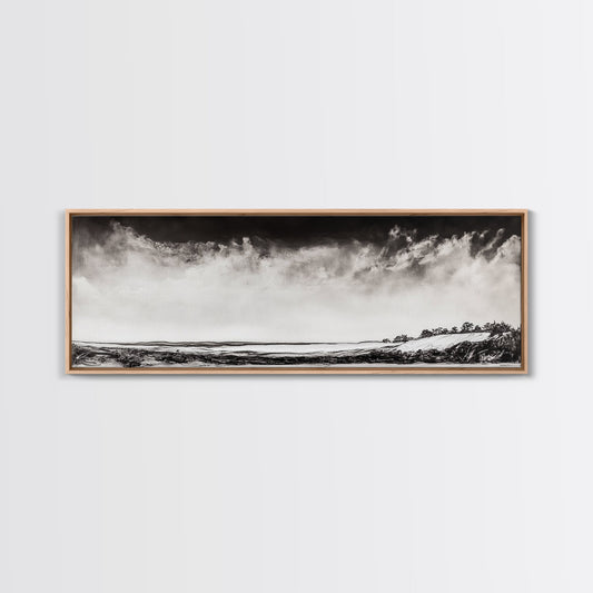 Minimalist Landscape, Black and White Art, Cloudy Sky, Framed Canvas Print, Modern Wall Art, Neutral Home Decor, Monochrome Landscape