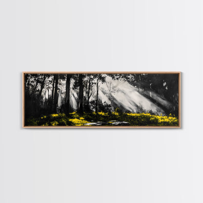Sunbeam Forest Art, Black and White Painting, Abstract Landscape, Rustic Home Decor, Mystical Woods Artwork, Living Room Wall Art, Canvas Print