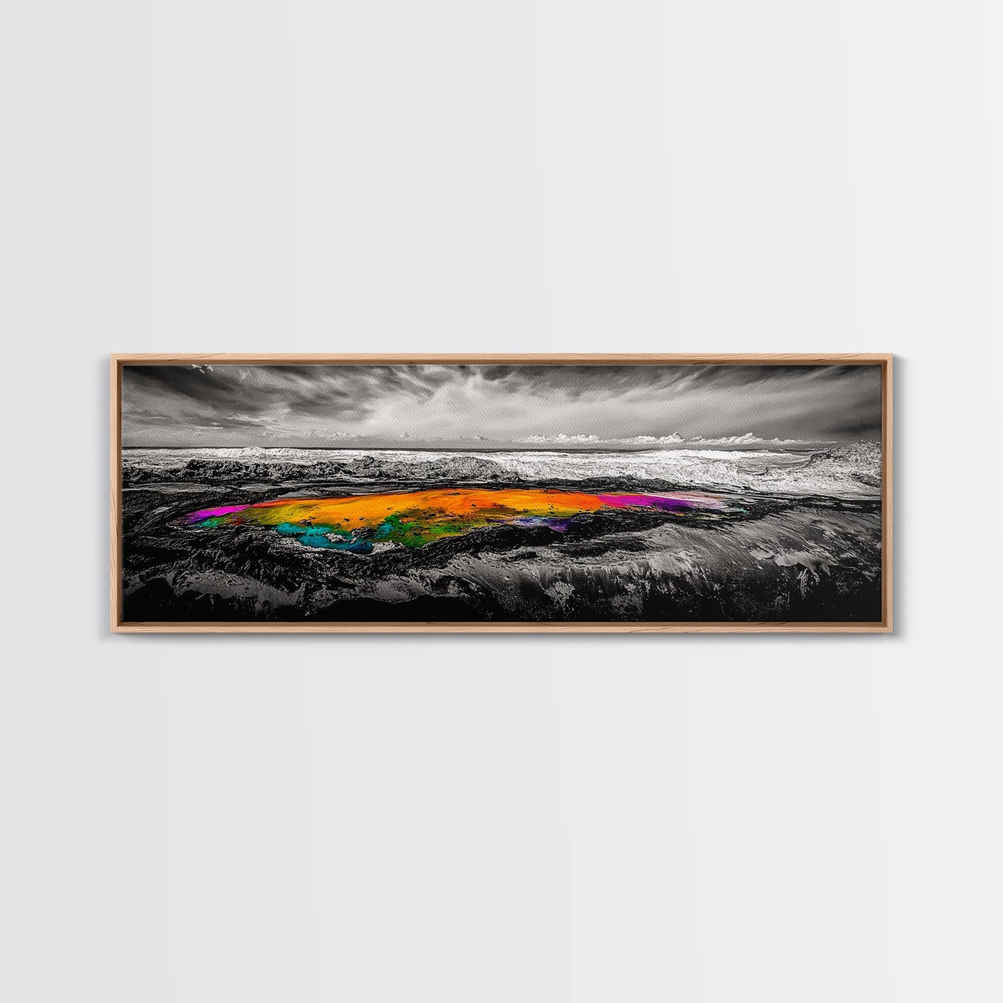Vibrant Ocean Rock, Colorful Pool, Dramatic Sky, Canvas Print, Abstract Seascape, Modern Wall Art, Unique Art Piece, Living Room Decor