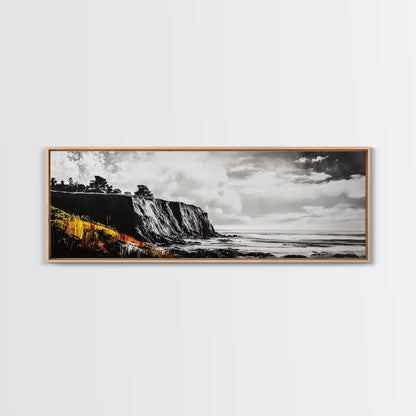 Coastal Cliff Painting, Black and White Seascape, Ocean View Artwork, Modern Nautical Decor, Beach House Wall Art, Framed Canvas Print