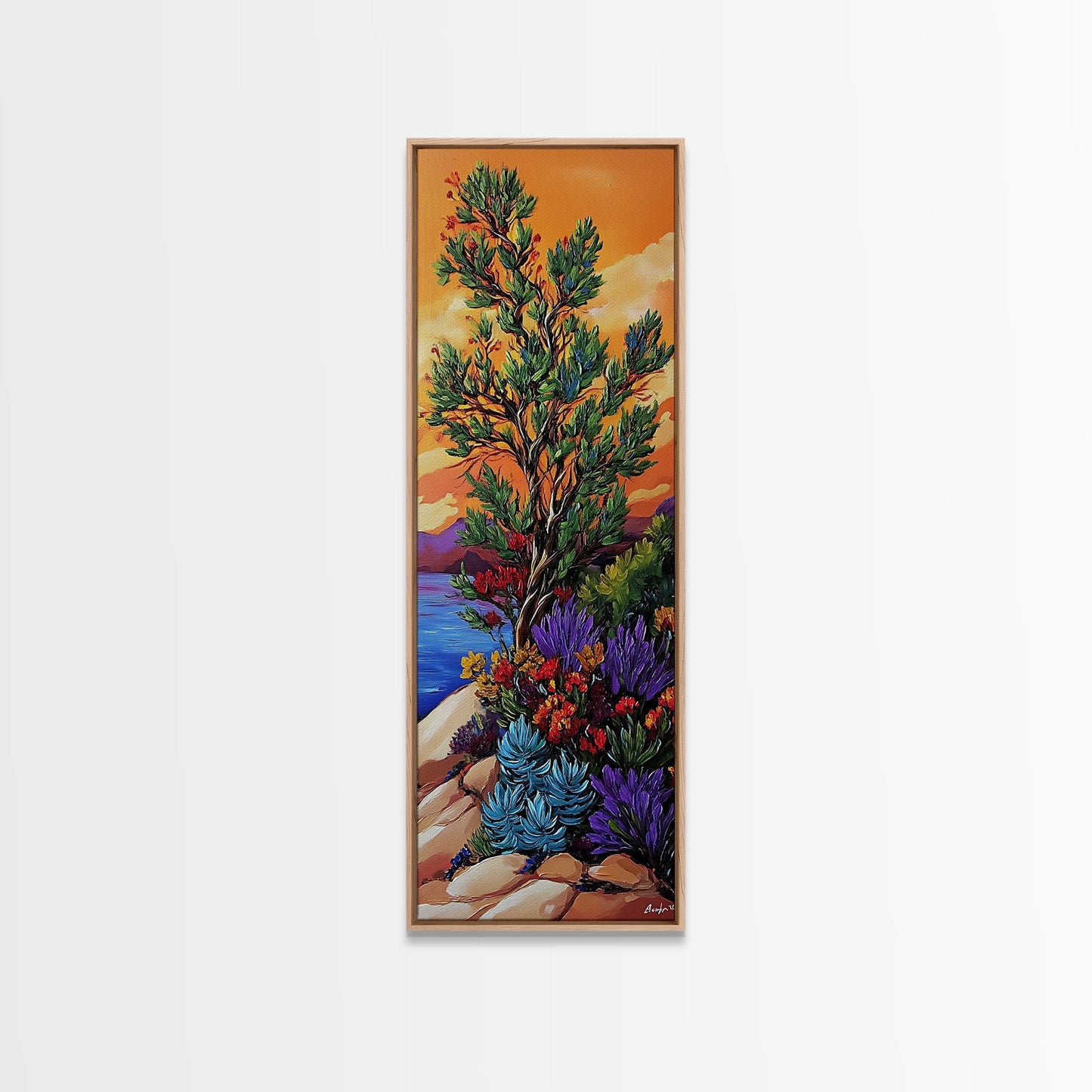 Sunset Tree, Wildflowers Desert, Canvas Print, Autumn sunset art, southwestern nature decor, boho fall home accent, canyon wall painting