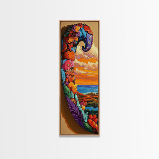 Floral Curl, Ocean Sunset, Boho Elephant, Framed Canvas Print, colorful elephant wall art, eclectic nursery or yoga room decor, sunset fantasy