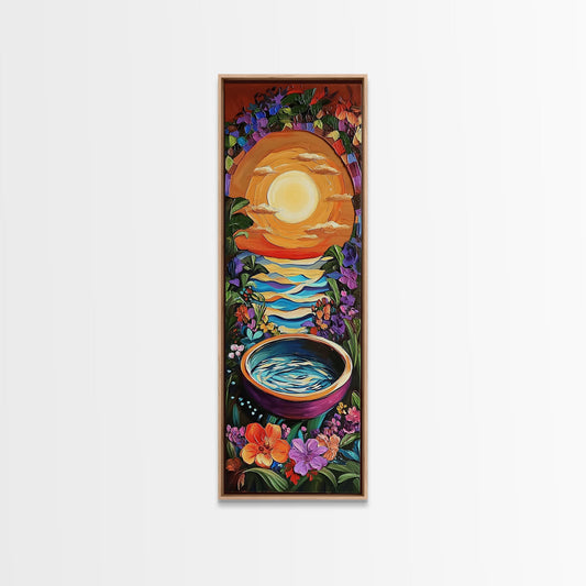 Sun, Garden, Pool, Surreal Landscape Framed Canvas Print, Boho Wall Art, Whimsical Colorful Painting, Meditation Room Artwork, Spiritual Decor