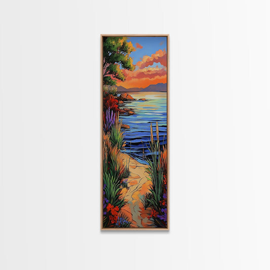 Sunset, Beach, Pathway, Nature - Framed Canvas Print, Vibrant Ocean Path Wall Art, Colorful Landscape Decor, Coastal Living Room Artwork