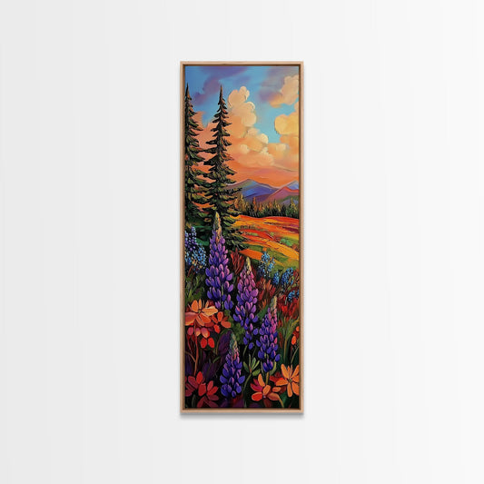 Wildflowers, Mountain, Sunset, Scene, Framed Canvas Print of colorful meadows and pine trees, farmhouse entryway art, cottagecore wall decor