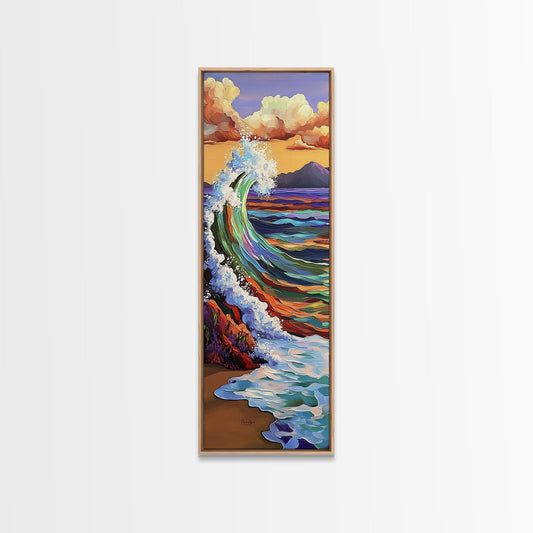 Rainbow, Wave, Sea, Surf, Framed Canvas Print, Bold Ocean Art, Coastal Wall Decor, Surfer Boho Style, Beach House Accent