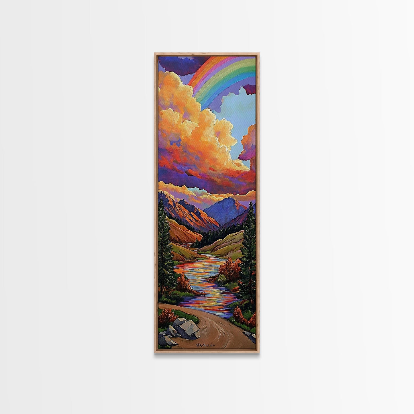 Rainbow Mountains, Sunset, Reflection, Framed Canvas Print, Rainbow landscape canvas, colorful scenic view, cabin wall art, mountain decor