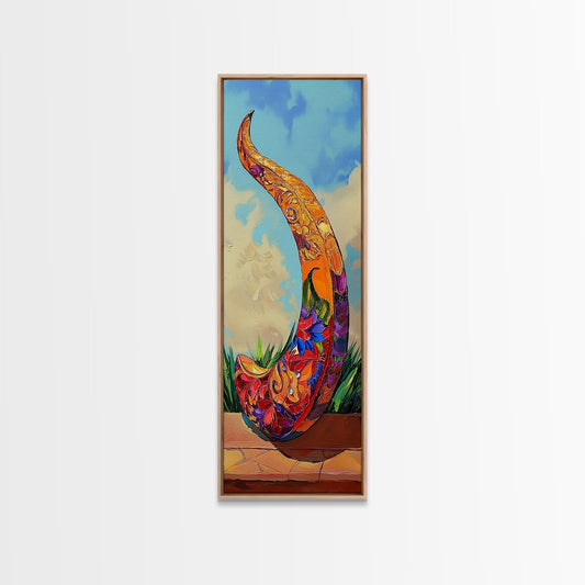 Horn Abstract, Fiesta, Vibrant – Framed Canvas Print boho abstract sculpture art, colorful home decor, eclectic style, office wall art