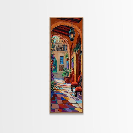 Spanish Courtyard, Charm, Colors — Framed Canvas Print of warm Spanish courtyard with tile, ideal Kitchen Wall Art or Mediterranean Entryway Decor
