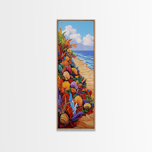 Shells Shore, Colorful, Canvas Print, Bright Beach Bathroom Wall Art, Boho Ocean Coastal Decor, Seashell Inspired Tropical Vibe Artwork