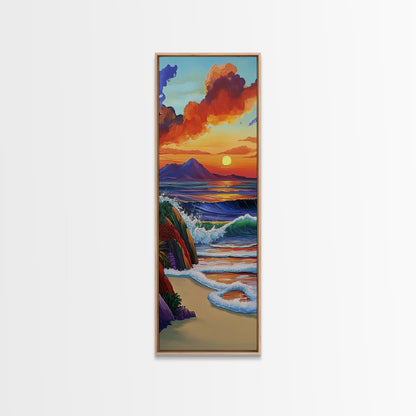 Sunset Waves, Shore, Coastal Framed Canvas Print beach sunset wall art, vibrant ocean wave decor, tropical boho art, iving room art