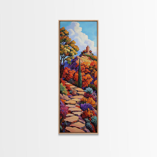 Autumn Tower, Fall Path, Vibrant Forest, Framed Canvas Print, colorful mountain wall art, rustic fall landscape decor, hallway decor