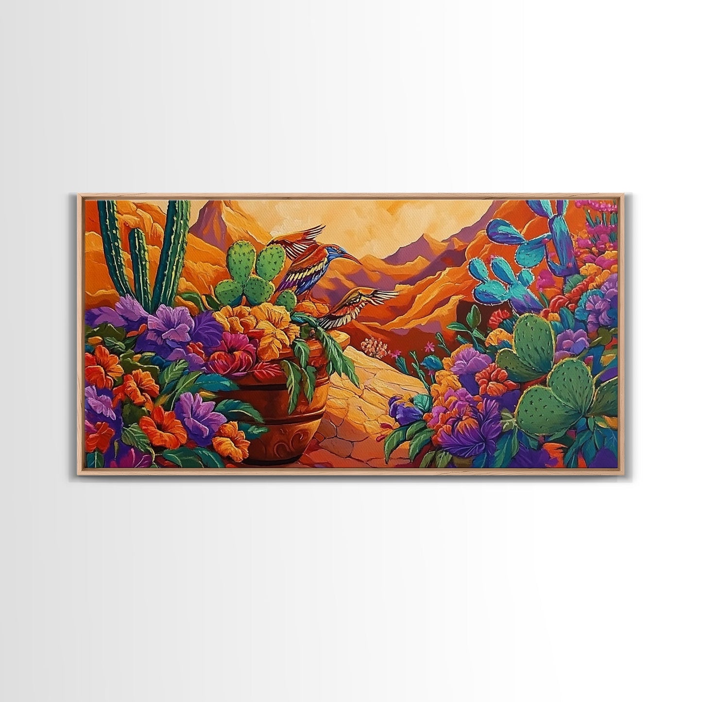 Birds Cactus, Blossoms, Bright Nature Framed Canvas Print, Desert Floral Wall Decor, Southwest Living Room Boho Wall Art