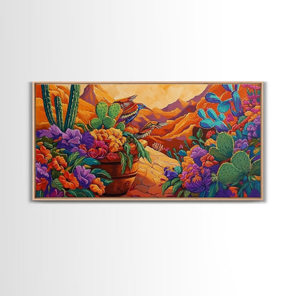Birds Cactus, Blossoms, Bright Nature Framed Canvas Print, Desert Floral Wall Decor, Southwest Living Room Boho Wall Art