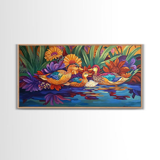 Ducks Pond, Garden, Colorful, Canvas Print vibrant wildlife art, nature scene painting, floral duck family decor, kitchen wall art