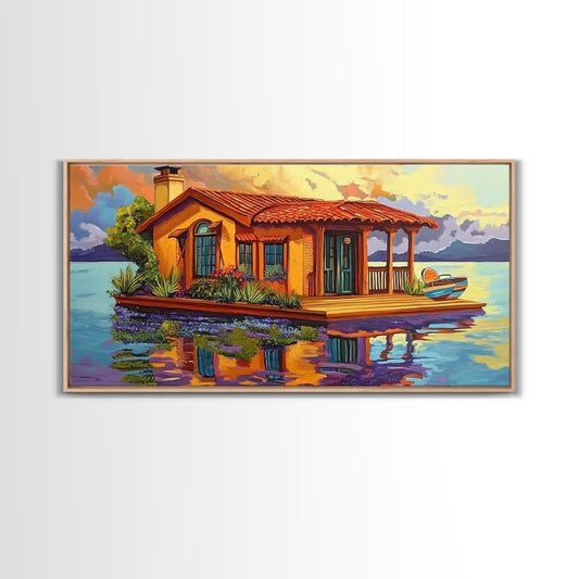 Floating, House, Peaceful, Lake, Framed Canvas Print, Dreamy cottage on water, relaxing lake house art, tranquil bedroom decor