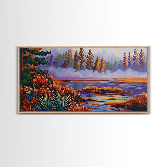 Autumn River Scene, Colorful Nature Art, Misty Forest, Framed Canvas Print, Cabin Decor, Cozy Wall Art, Fall Landscape Painting
